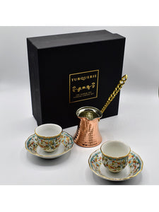 Porcelain Turkish coffee cups and and copper Turkish coffee pot gift set